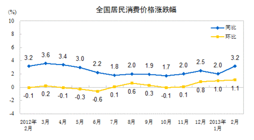 2013年2月份居民消费价格同比上涨3.2%